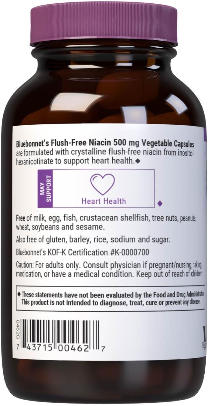 Bluebonnet Nutrition Flush-Free Niacin 500mg, for Nutritional Cardiovascular Support*, Soy-Free, Gluten-Free, Non-GMO, Kosher Certified, Dairy-Free
