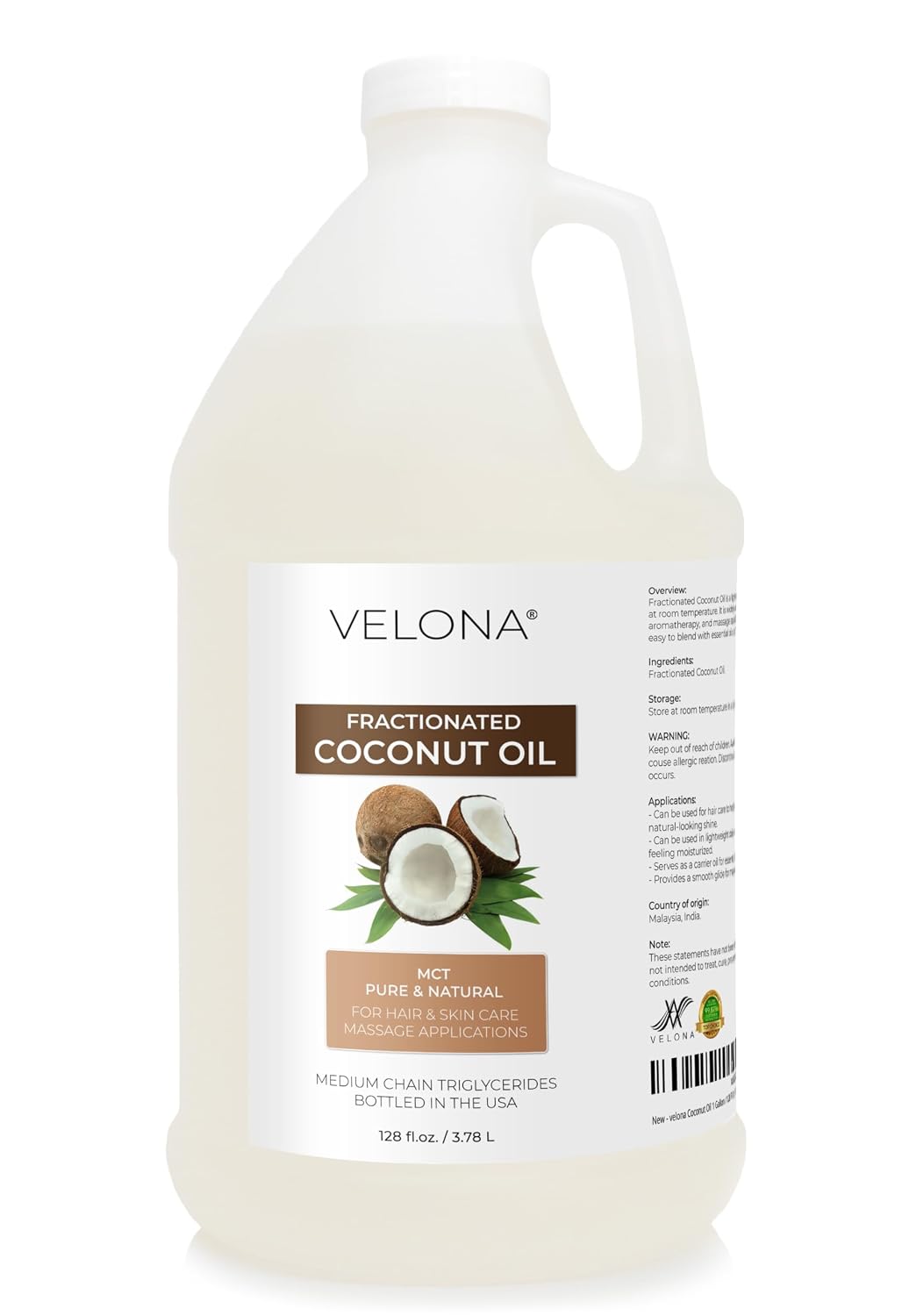 velona MCT Coconut Oil - 1 Gallon / 128 fl oz, Fractionated, Pure Natural