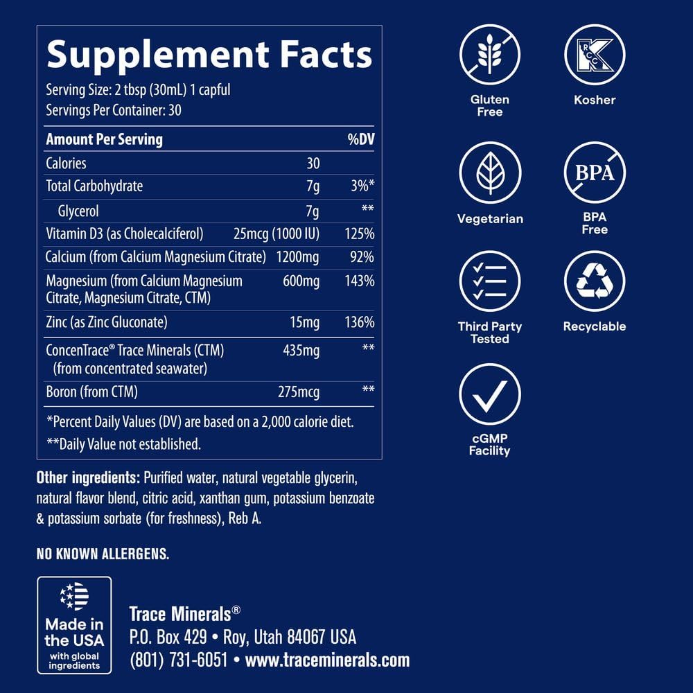 Trace Minerals Liquid Cal Mag Zinc with Vitamin D3, 16 fl oz, Pina Colada | Ionic trace minerals for absorption, Bone, muscle, and connective tissue health, 1-2 tbsp daily, Refrigerate after opening