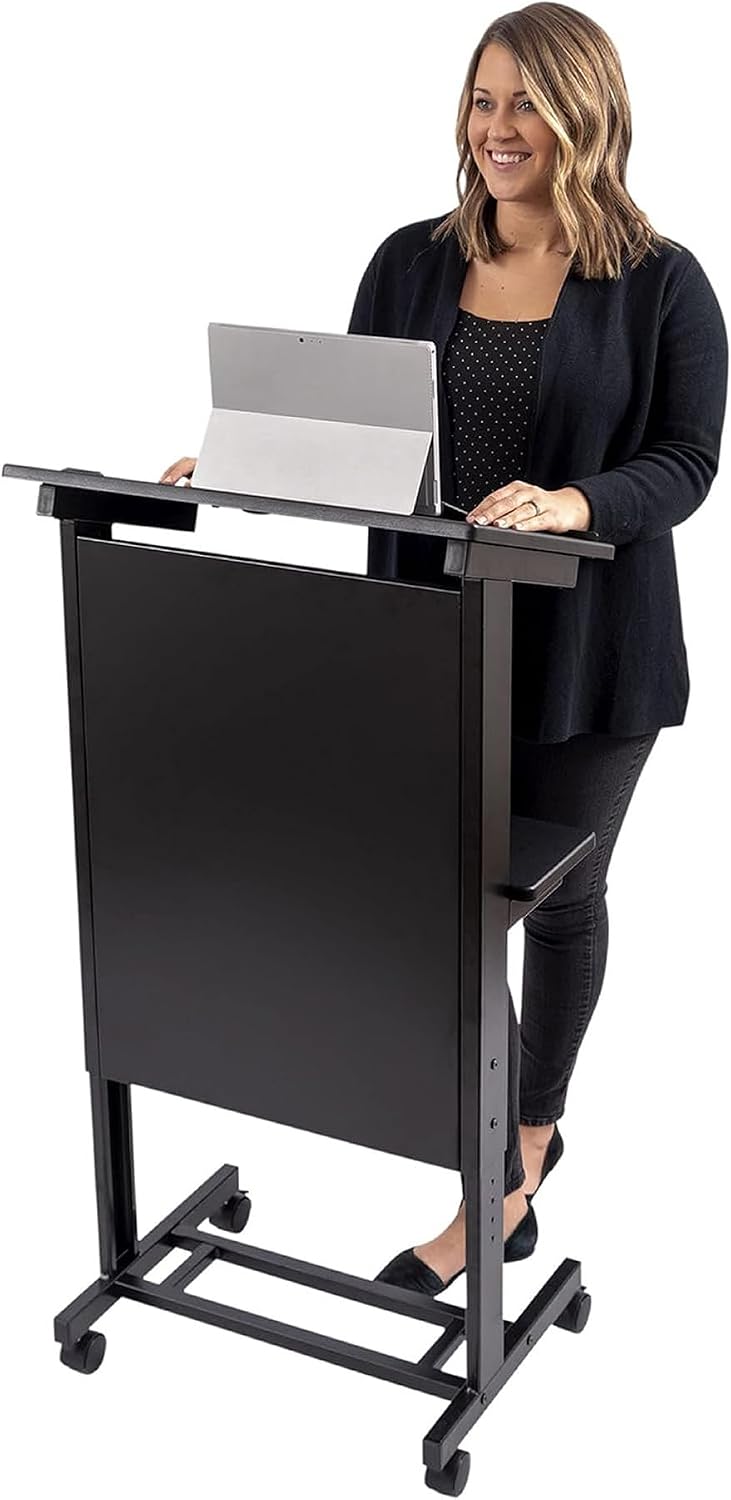 Stand Up Adjustable Height Lectern Podium | Rolling Desk with Storage Shelf | Ergonomic Standing Desk Frame for Office, Classroom, Laptop, Teaching, Presentations & More (Dark Walnut)