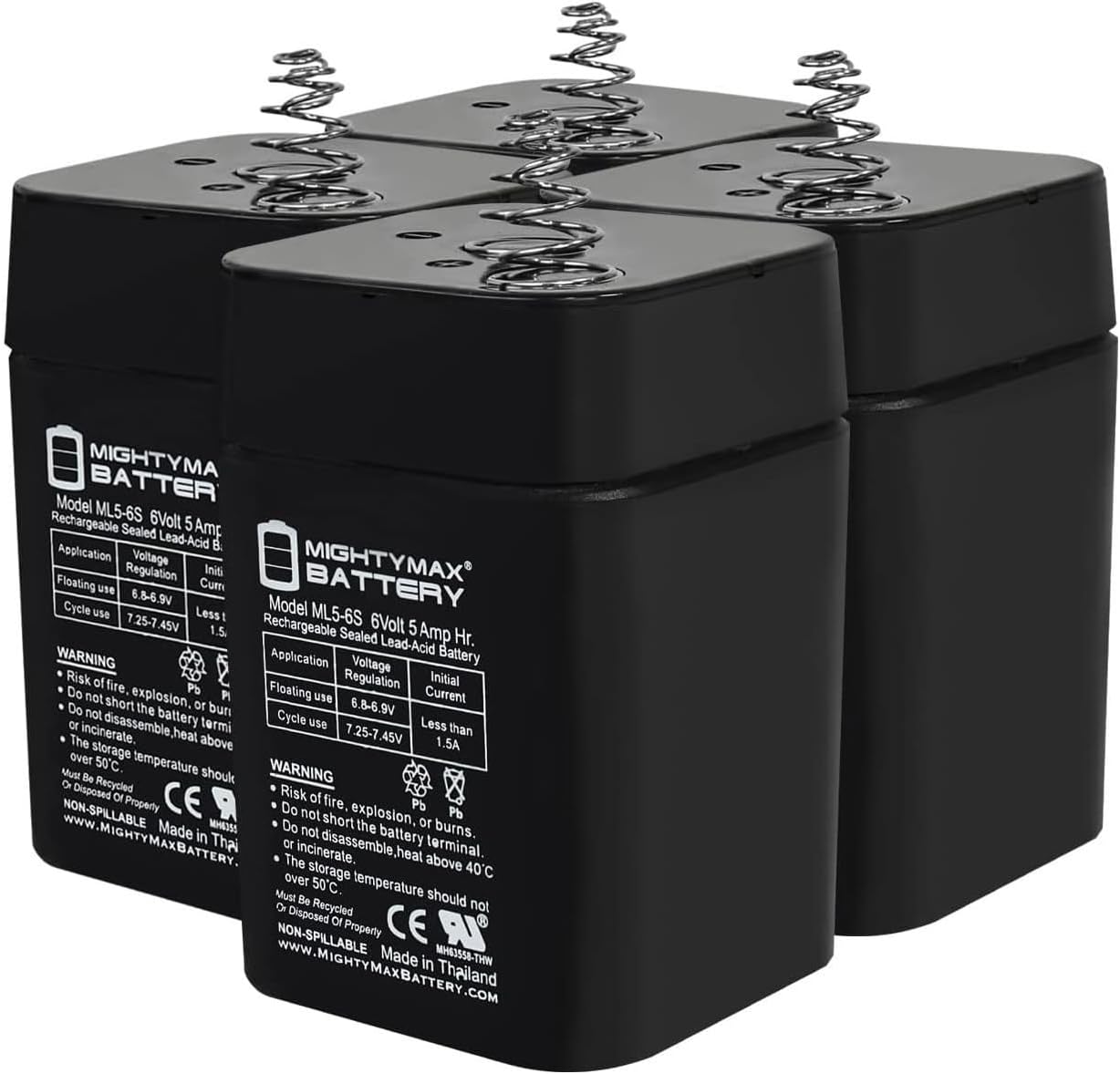 ML5-6S -6 Volt 5 AH, Spring S2 Terminal, Rechargeable SLA AGM Battery