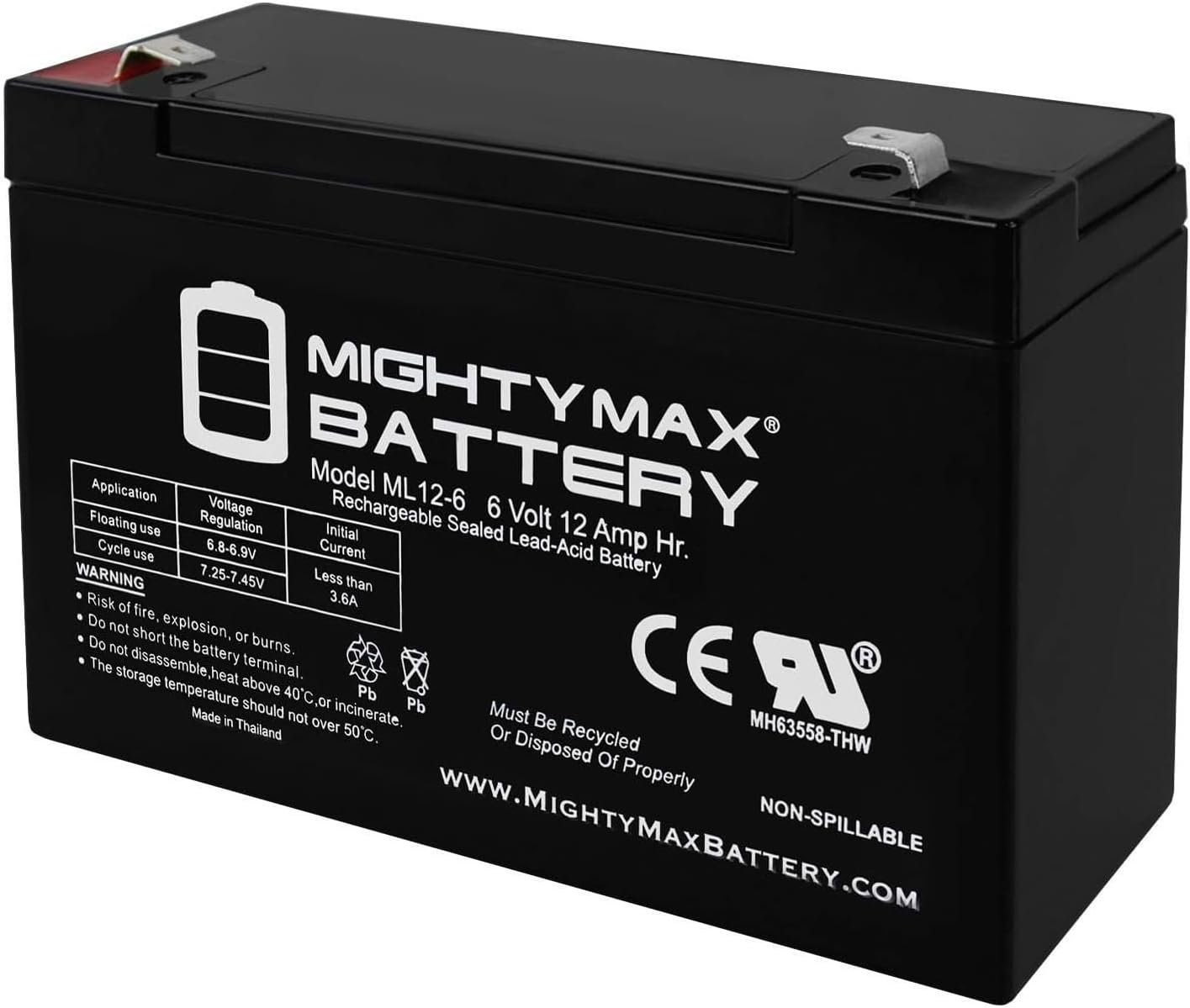 Mighty Max Battery ML12-6F2-6 Volt 12 AH, F2 Terminal, Rechargeable SLA AGM Battery
