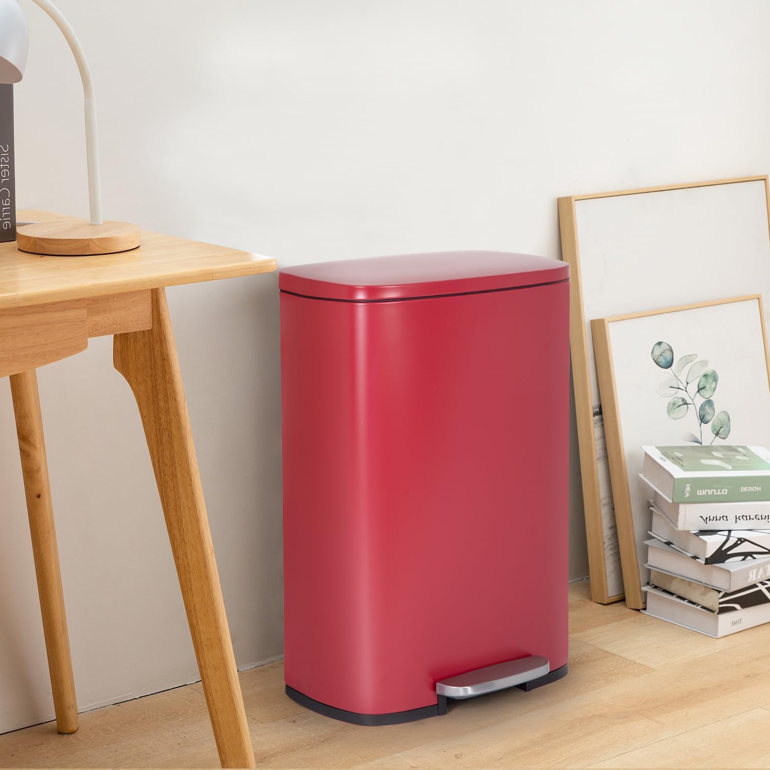 FDW | 13 Gallon Trash Can with Lid | Steel | Fingerprint-Proof | Made of Brushed Stainless Steel | Soft-Close Step Pedal | Hands-Free Use | Easy to Clean | for Kitchen, Office, Bathroom