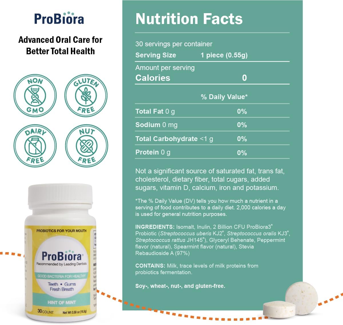 ProBiora Oral Probiotics for Teeth and Gums | Dental Probiotics for Improved Oral Health | Bad Breath Treatment for Adults | ProBiora3 Patented Probiotic Blend | Tooth Whitening | 30 Mint Tablets