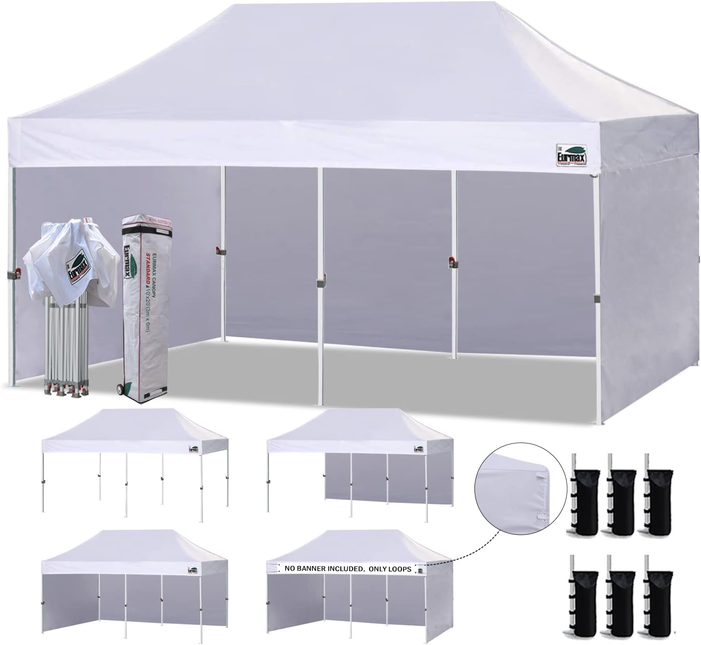 Eurmax USA 10x10 Pop Up Canopy Tent,Commercial Tent with Patented No-Tip Rolling Bag,4 Zippered Removable Walls,UV & Water Resistant Canopy Top,Heavy Duty Outdoor Gazebo,Instant Shelter(White)