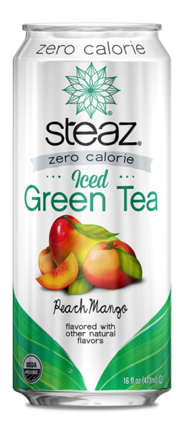 Steaz - Organic Green Tea - Peach (12 Pack) - 30mg Natural Caffeine, 70 Calories,Cane Sugar - Sweetened Iced Tea - Regenerative Organic Certified®️ - Vegan, Direct Trade - 12 Cans, 16 fl oz