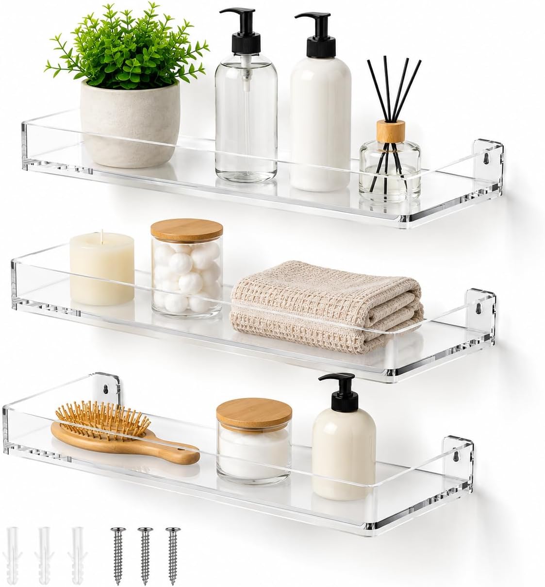 MaxGear Acrylic Floating Shelves, Clear Perfume Shelf for Wall, Set of 3