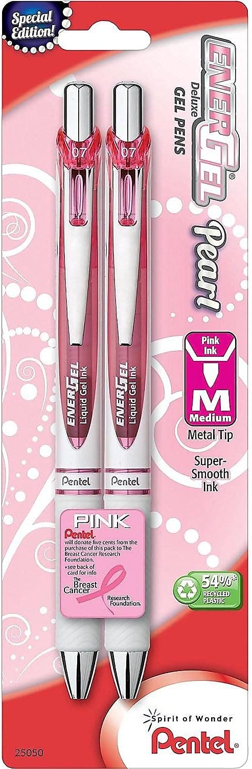 Pentel Pink BCA EnerGel Pearl RTX Retractable Gel Pen, 0.7mm (BL77WBP2PP)
