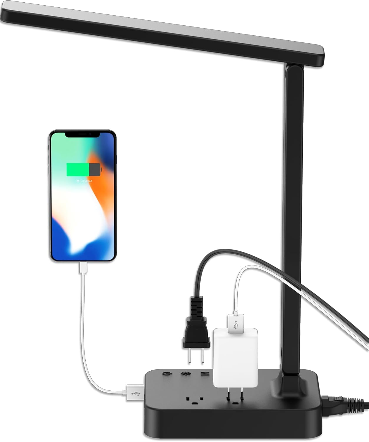 Drevet LED Desk Lamp for College Dorm Room, Desk Light with 1 USB Charging Port 2 AC Power Outlet, 3 Lighting Modes, 3 Level Brightness Touch Lamp