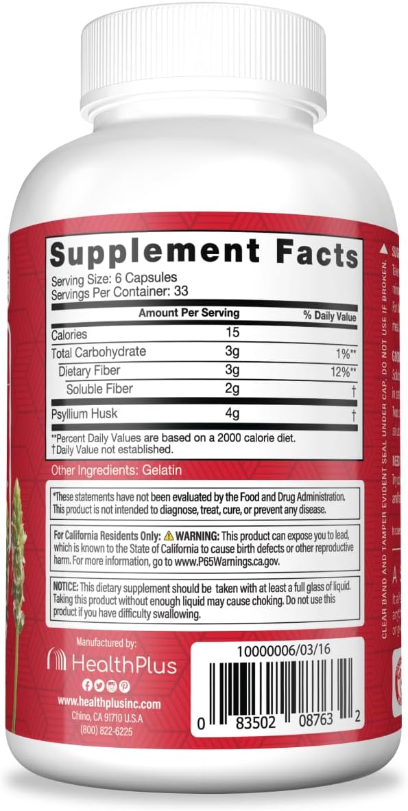 Health Plus Colon Cleanse Digestive Support | All Natural Daily Fiber for Toxin Elimination To Reduce Bloating | Supports Heart Health | 200 Capsules