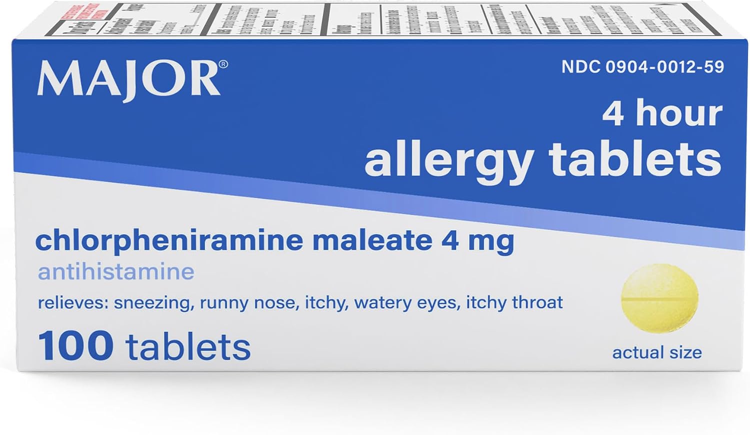 Major 4 Mg Allergy Tablets - Chlorpheniramine Maleate 4-Hour Allergy Medicine - Antihistamine for Relief of Sneezing, Itchy Watery Eyes, Itchy Throat