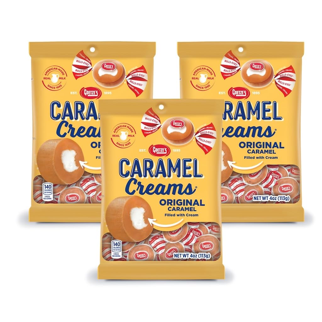Goetze's Candy Classic Vanilla Caramel Creams, 4 oz Bags 3 Pack | Individually Wrapped Chewy Caramel & Vanilla Cream Treats, Fresh from the Factory