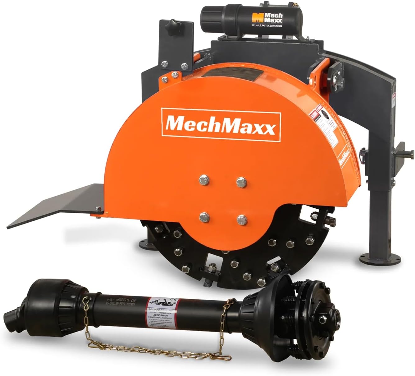 MechMaxx Heavy Duty 3-Point PTO Powered Stump Root Grinder For 15-45HP Tractors With 34 Carbide Teeth, 6'' Cutting Depth, 24'' Flywheel Diameter, Model SG24 Orange