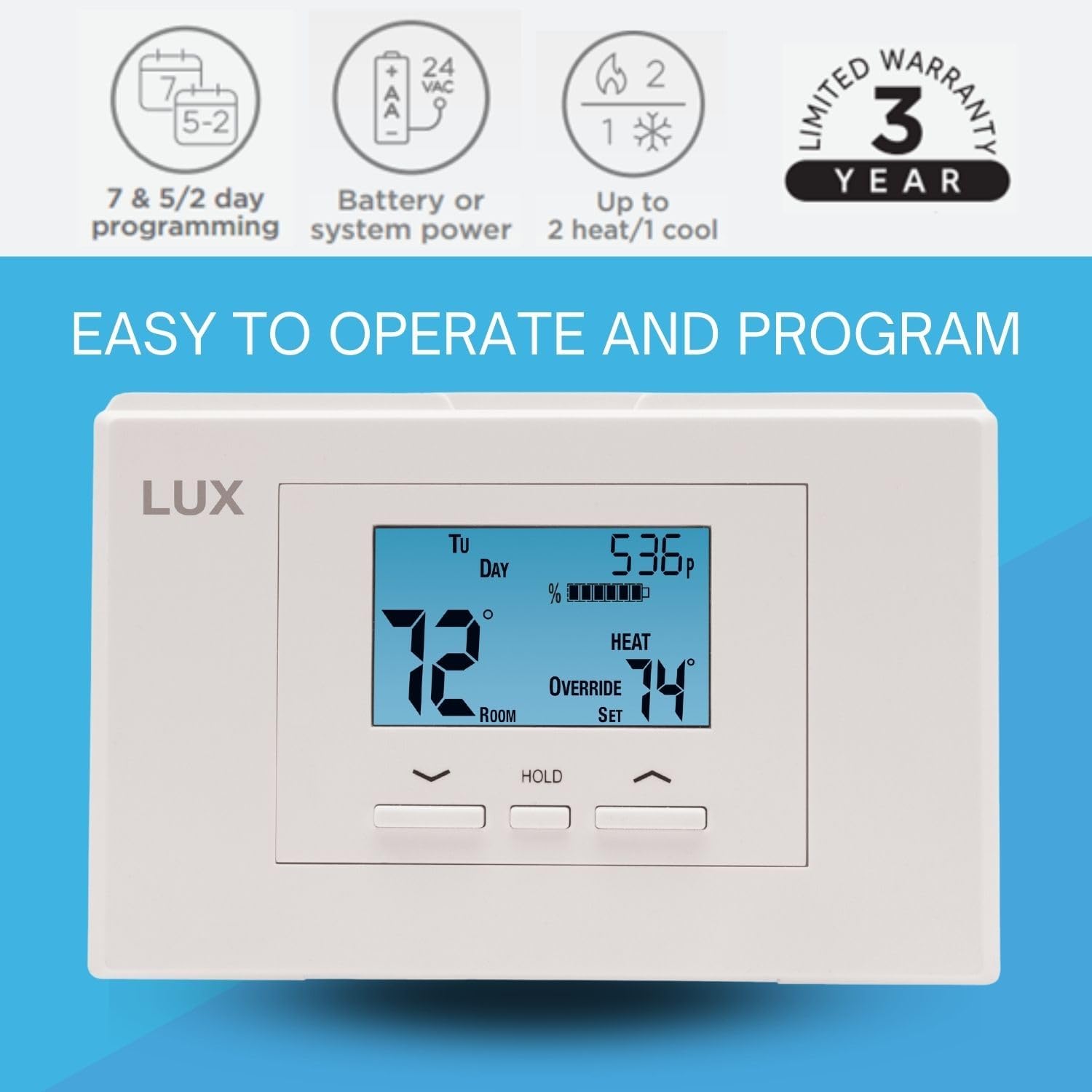 P521U Programmable 5-2 Day Thermostat for Home Use; 2 Heat, 1 Cool