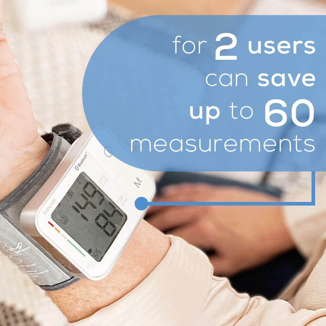 Beurer Bluetooth Smart, Wireless & Automatic Wrist Blood Pressure Monitor with Large LCD Display, Irregular Heartbeat Detection, Multi-Users