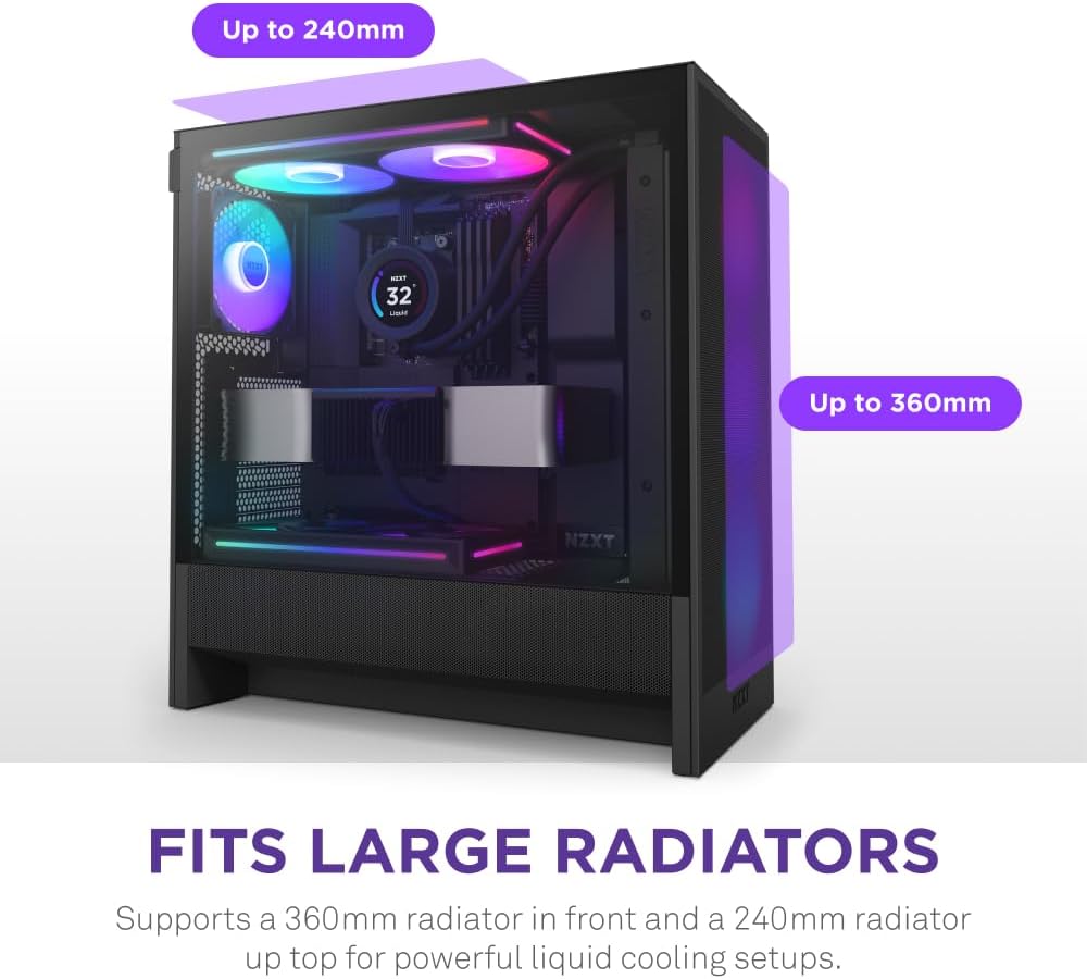 NZXT H5 Flow RGB - Compact ATX Mid-Tower PC Case - White | Compact mid-tower with included F360 RGB Core fans, 360mm radiator support, tempered glass. CAM-ready RGB out of the box.
