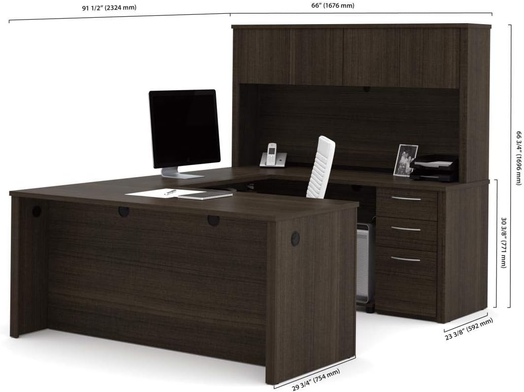 Bestar Embassy 66W U-Shaped Executive Desk with Pedestal and Hutch in Dark Chocolate | With Pedestal and Hutch, with Narrow Desk Shell, Desk Shell