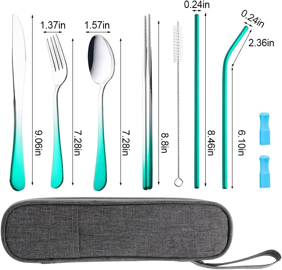 Travel Utensils Set with Case Reusable Portable Cutlery Set Stainless Steel 8pcs Including Dinner Knife Fork Spoon Chopsticks Straws(Rainbow)