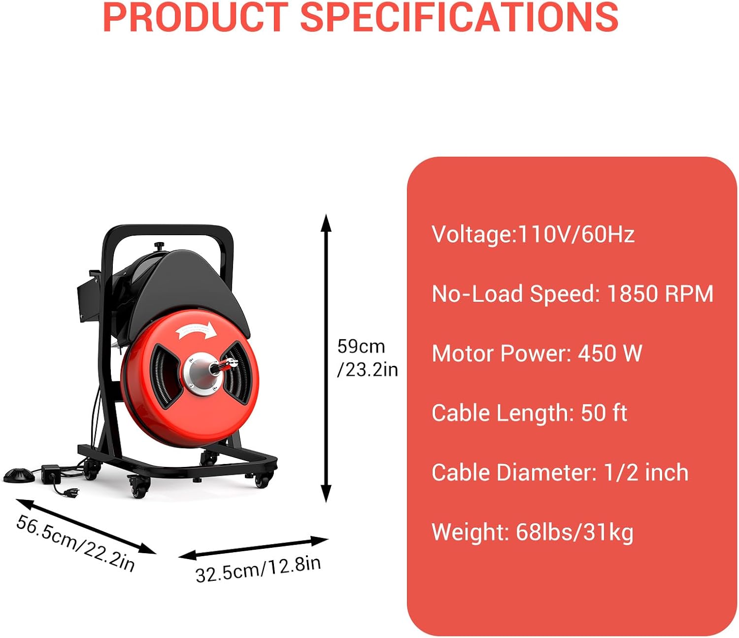 50FTx1/2 Inch Drain Cleaner Machine with Wheels, Sewer Snake Electric Drain for 2" to 4" Pipes