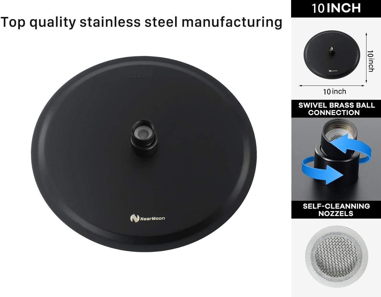 NearMoon Rain Shower Head, Ultra-Thin Design-Pressure Boosting, Awesome Some Experience, High Flow Stainless Steel Rainfall Head (10 Inch