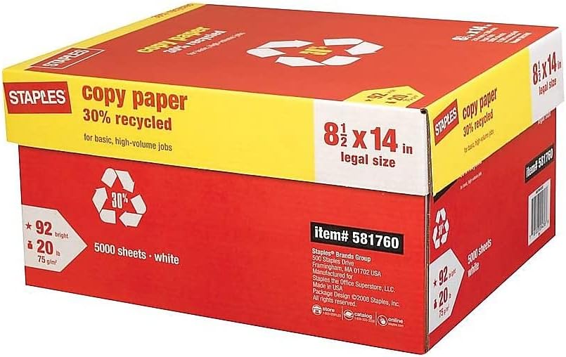 Staples 30% Recycled 8.5-Inch X 11-Inch Copy Paper 20 Lbs 92 Brightness 500/Ream, For Office, School & Home