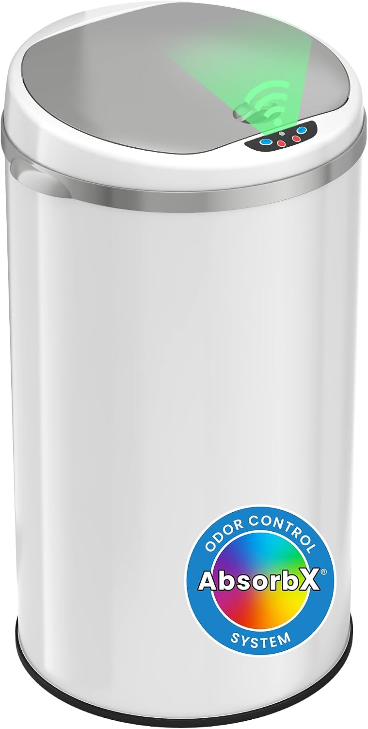 iTouchless 13 Gallon Touchless Sensor Kitchen Trash Can with Odor Control System, Brushed Stainless Steel, Round Garbage Bin for Home or Office - IT13RCB