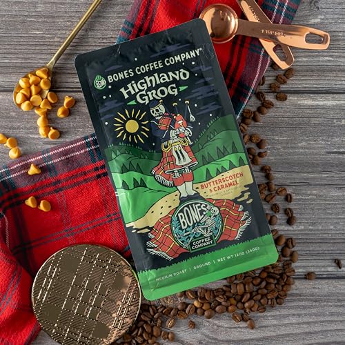 Bones Coffee Company Highland Grog, Butterscotch Caramel Flavored Coffee, Medium Roast Low Acid Arabica Beans Compatible with Auto drip and French Press Coffee Maker, 12 Oz Whole Bean