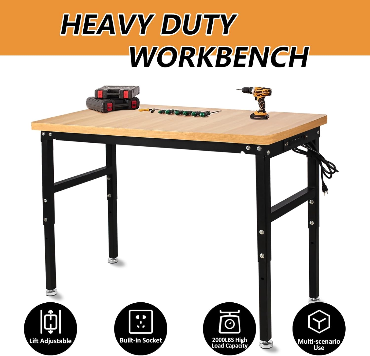 48'' Adjustable Workbench with Power Outlet, Work Table for Garage, 2000 Lbs Capacity Hardwood Workbench