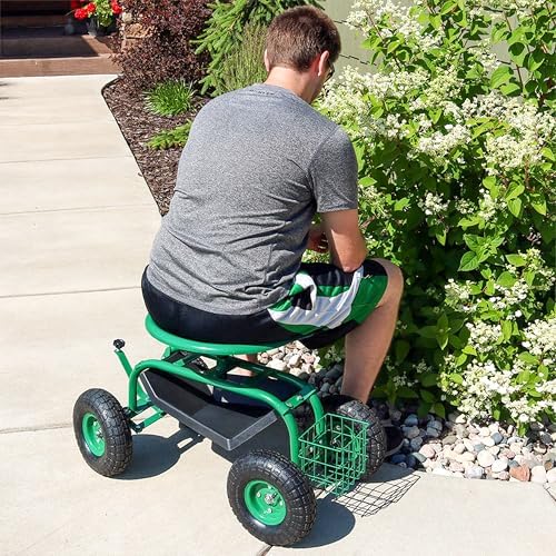 Sunnydaze Rolling Garden Cart with Seat - Garden Stool with Wheels and Adjustable 360-Degree Swivel Seat - Utility Tool Tray and Storage Basket - Green