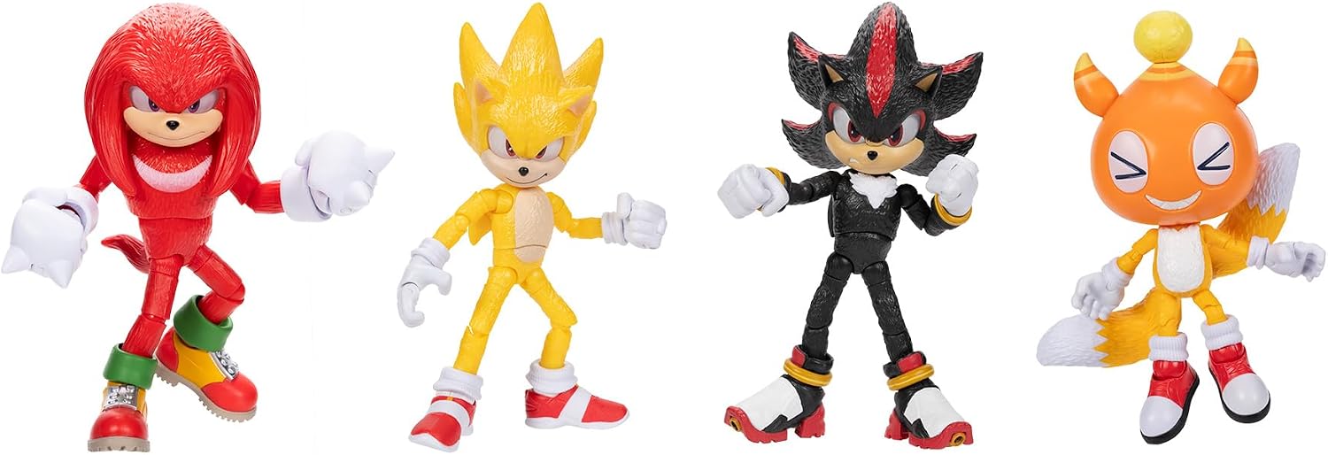 Sonic The Hedgehog 3 Movie 5-InchAction Figure 4-Pack, Articulated Figures from Jakks Pacific's Wave 2 Include Super Sonic The Hedgehog, Shadow