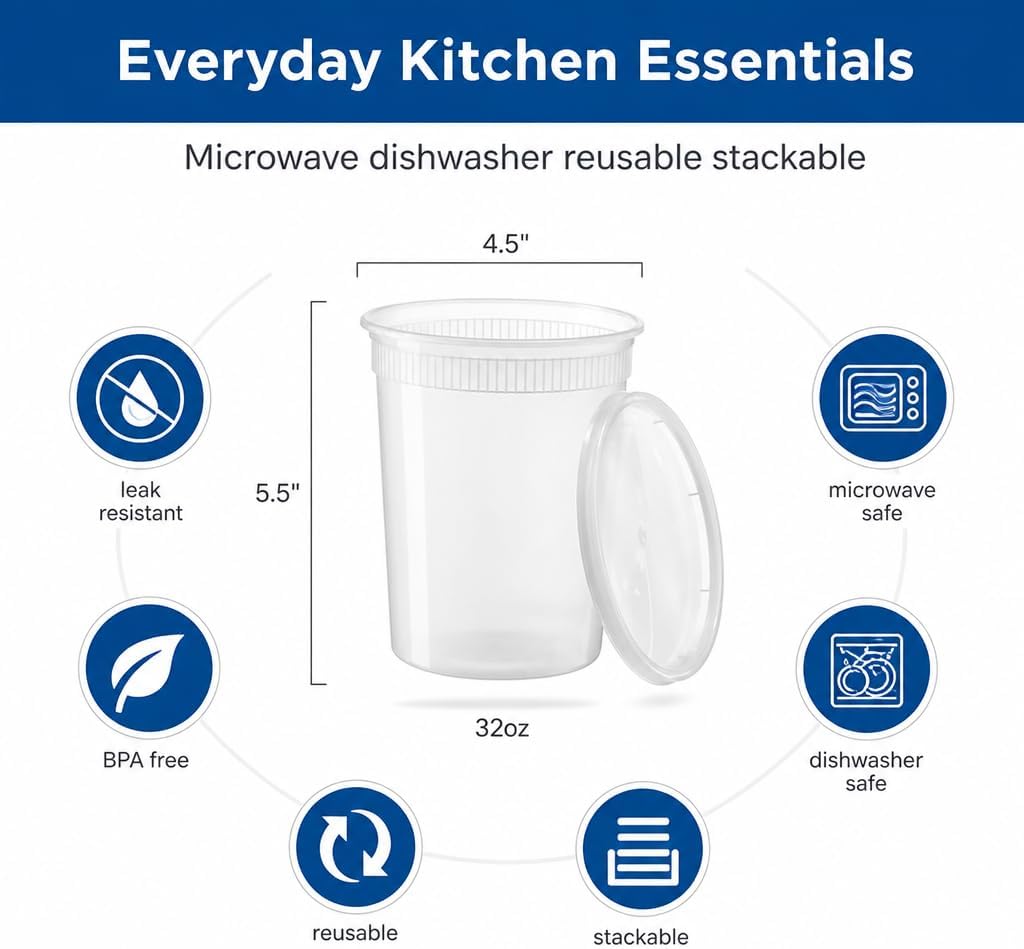Basix Deli Containers with Lids, 32 Oz Leakproof Plastic, 24 Count | Microwave & freezer safe, for soup, snacks, leftovers, takeout & picnics
