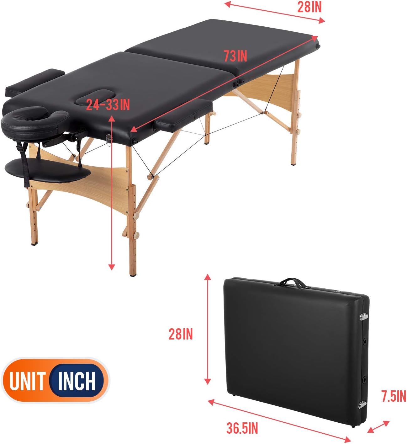 BestMassage | Portable Massage Table | 24" Wide, Black PU Leather | Lightweight, 2-Fold Massage Table with Height Adjustment, 450lbs Capacity, Carry Bag | For Massage, Facial, Tattoo, Home, Spa