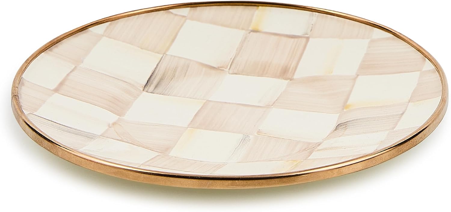MACKENZIE-CHILDS Enamel Saucer, Black-and-White Courtly Check | Hand-painted design, made from enameled steel, small plate for a coffee cup or teacup, 6" dia.