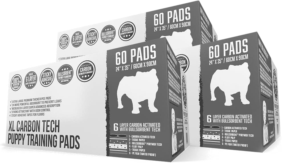 Bulldoglogy 50-Count Carbon Black Dog Pads Puppy Training Pads with Adhesive Tape 24x24 - Large Charcoal Puppy Pads Dog Training Wee Pads, Odor Control Thick Pee Pads for Dogs Extra Quick Dry