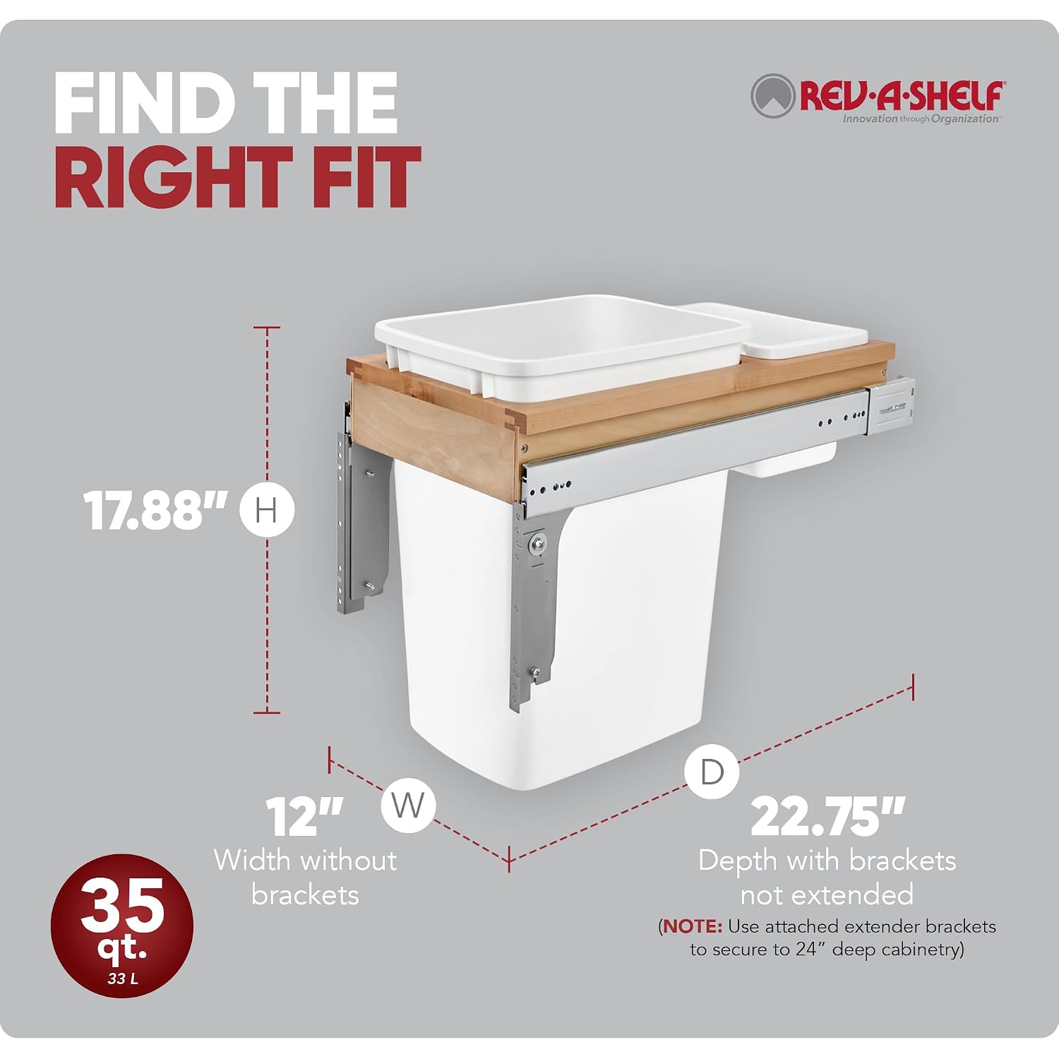 Rev-A-Shelf Top Mount Double Pullout Under Cabinet 50 Quart Kitchen Trash Cans w/Soft-Close for Full Height Cabinet, 150 Pound Rated Full-Extension Slides, 4WCTM-2150BBSCDM-2