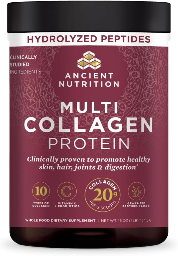 Ancient Nutrition Multi Collagen Protein Powder, 5 Types of Food Sourced Collagen, Providing Types I, II, III, V, and X, 16.2 Ounce