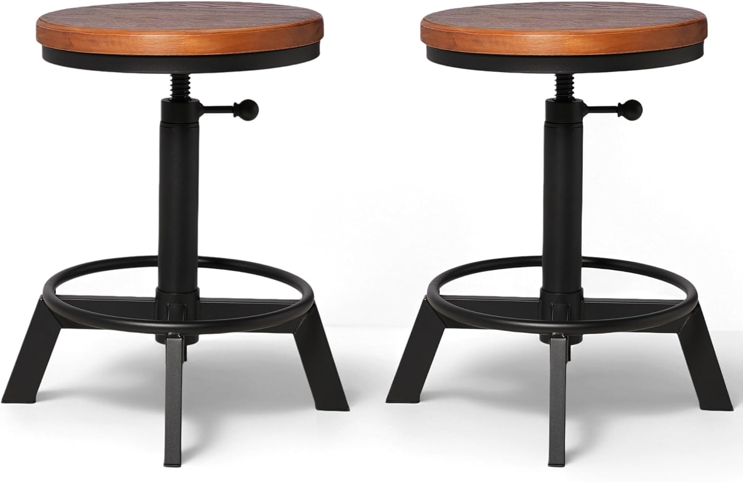 Set of 2 Industrial Bar Stools Short Stool Swivel Wooden Seat Kitchen Island Chairs Counter Height Adjustable 15.2-21inch