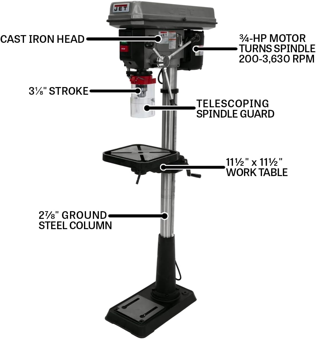 JET 15-Inch Floor Drill Press, 16 Speed, 3/4 HP, 115/230V 1Ph (Model J-2500)