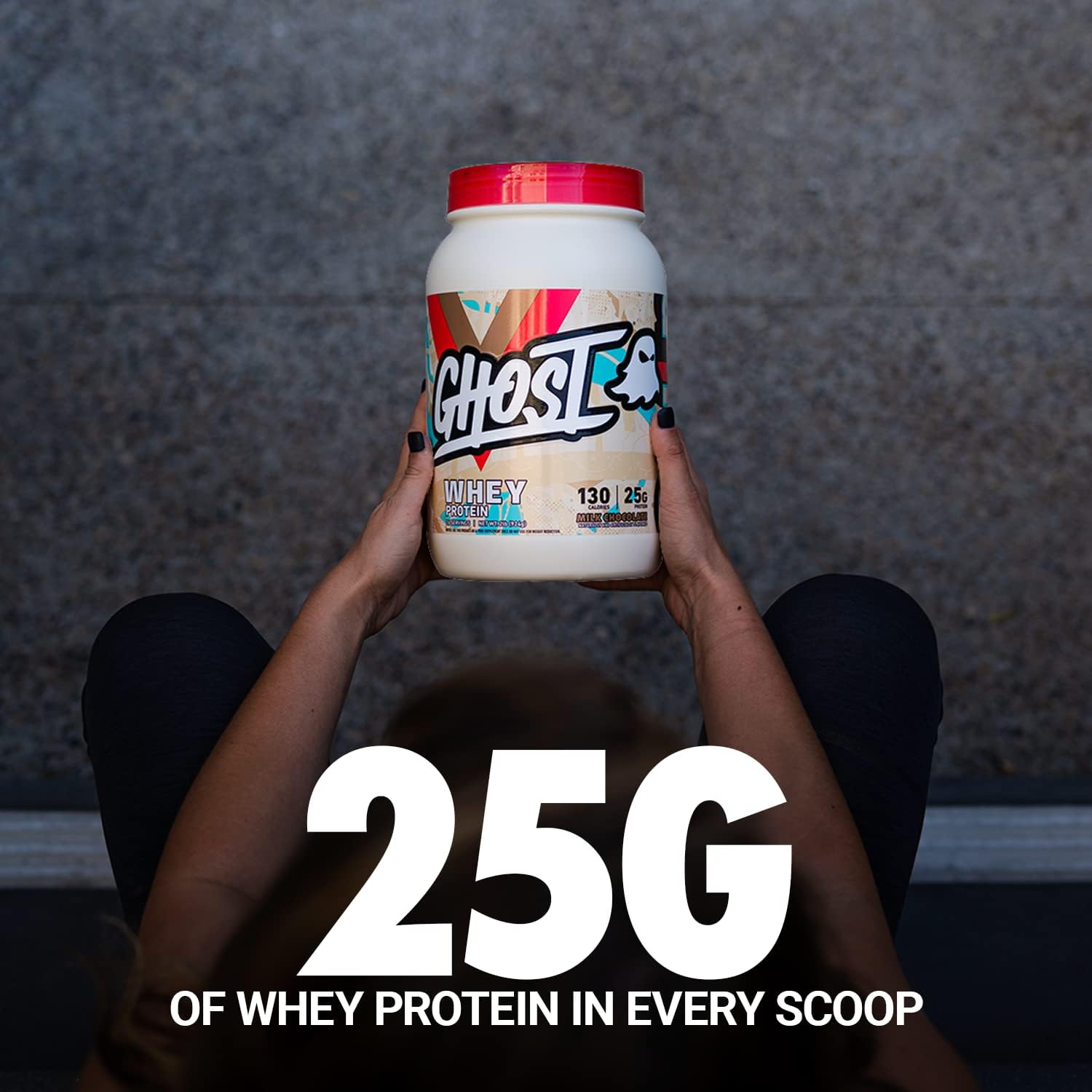 GHOST Whey Protein Powder, Milk Chocolate - 2LB, 25G of Protein | Whey Protein Isolate & Concentrate Blend - Post Workout Nutrition Shake, Smoothies - Soy & Gluten-Free - 2LB Tub, 26 Servings