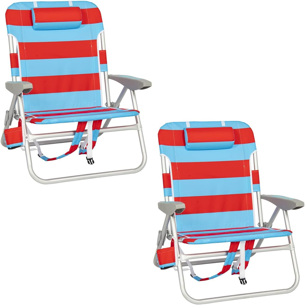 Rio Beach 2-Pack Wide Big Boy 4-Position Backpack Beach Chair with Pillow, Arms, and Storage Pouch, Lightweight Outdoor Portable Camping Chair with Carry Straps, Supports up to 300 lbs., Blue/Red