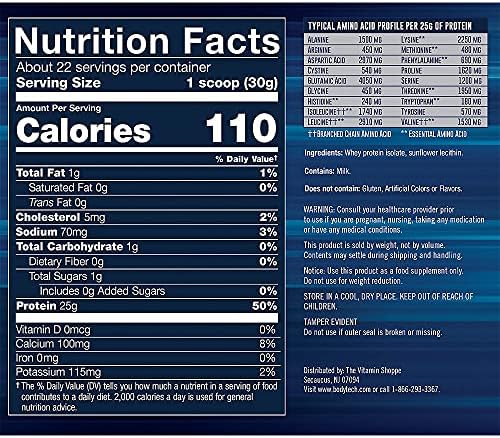 BodyTech Whey Protein Isolate Powder, French Vanilla, 1.5 LB, 23 Servings | 25G Protein per Serving, High Concentrated Protein Powder With Amino Acids & BCAAs for Men and Women, Gluten Free