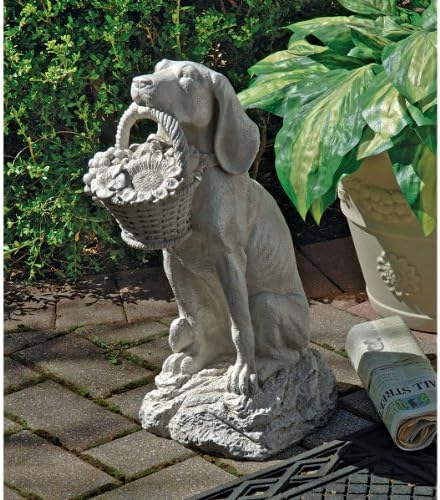 Design Toscano Man's Best Friend Dog with Basket Outdoor Garden Statue, 8 Inches Wide, 12 Inches Deep, 19 Inches High, Handcast Polyresin, Antique Stone Finish