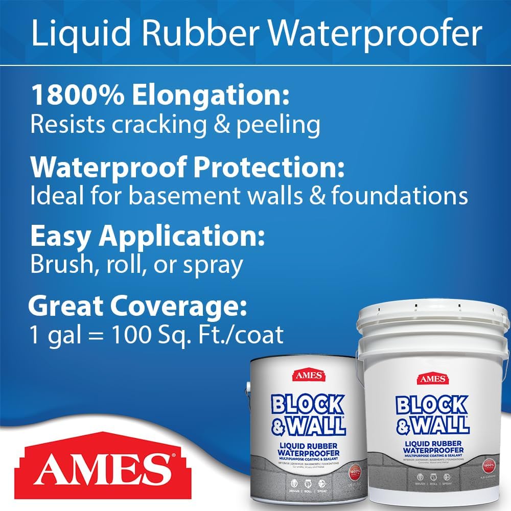 Ames Block & Wall™ Liquid Rubber Waterproofer Multi-Purpose Coating & Sealant - 1 Gallon - Perfect to Use As Concrete Sealer and Waterproofer for Basements and Foundations - Made in The USA, White | Flexible waterproof membrane for foundations, basements…