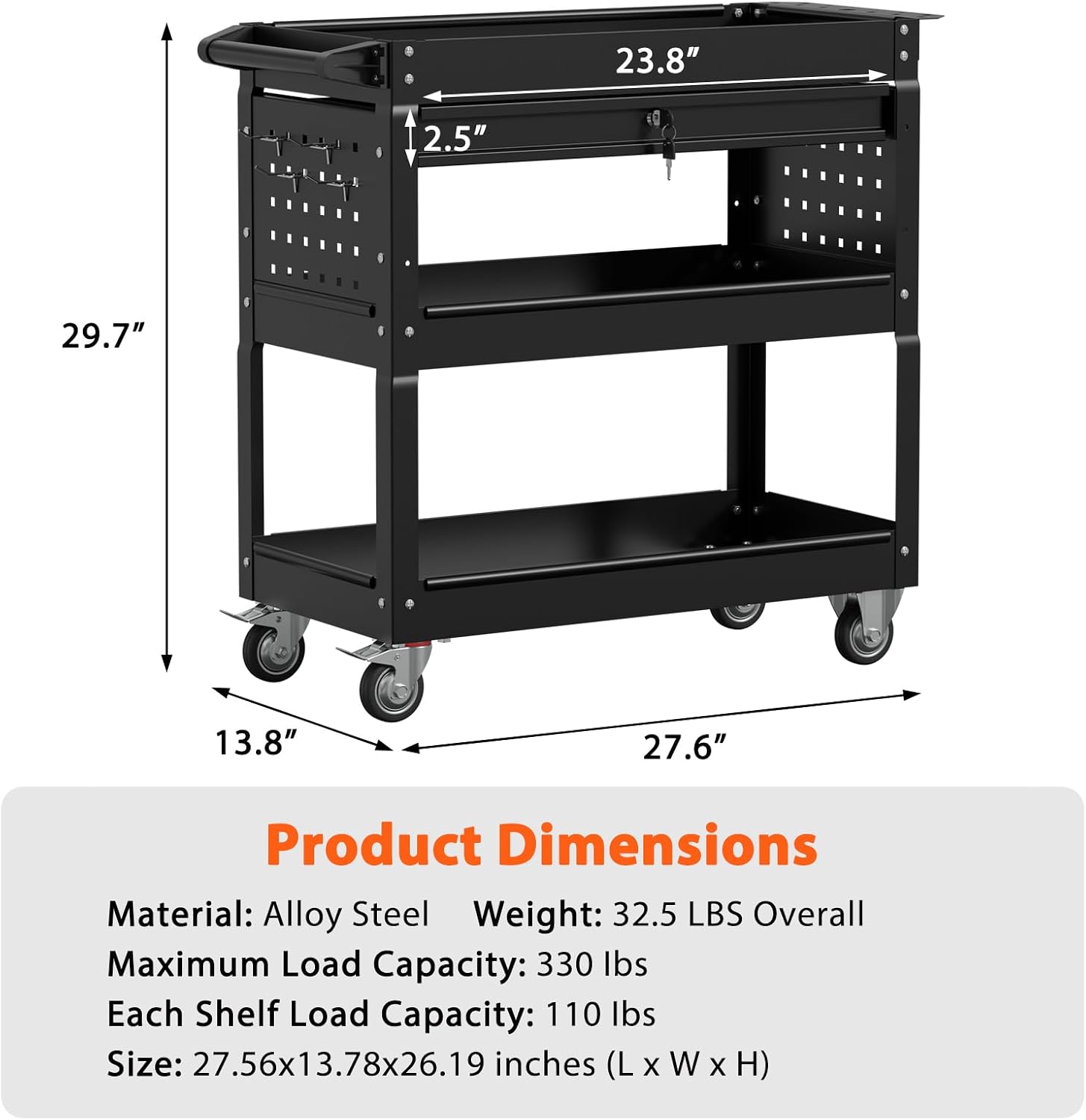 3-Tier Heavy Duty Utility Cart on Wheels, Rolling Tool Cart on Wheels with a Drawer, 350 Lbs Load Capacity Service Cart for Warehous, Garage and Repair Shop (Black)