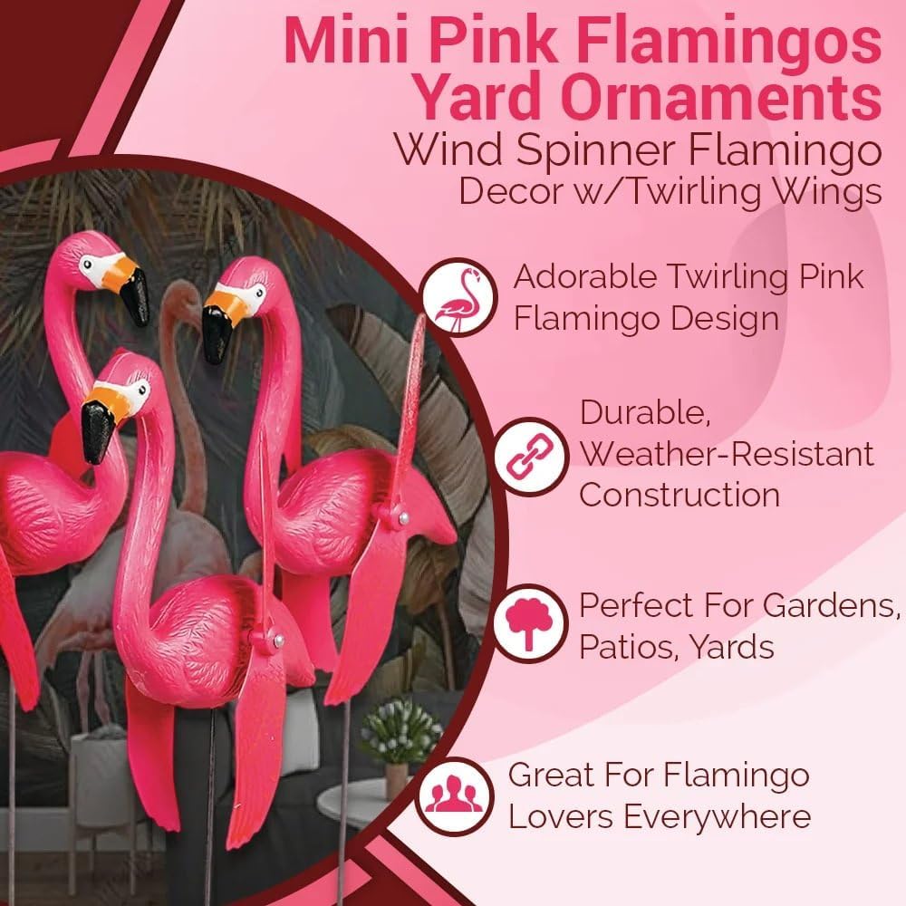 Fun Express Mini Pink Flamingos Yard Ornaments Set of 6 - Wind Spinners Outdoor with Twirling Wings | Flamingo Decor Gifts for Women | Tropical Luau