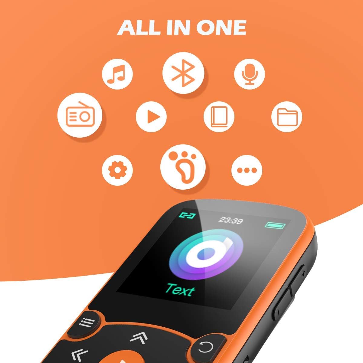 AGPTEK 64GB MP3 Player with Clip, A65 Bluetooth 5.3 Music Player for Sports | with FM Radio, Voice Recorder for Running, Supports up to 128GB TF Card, Orange