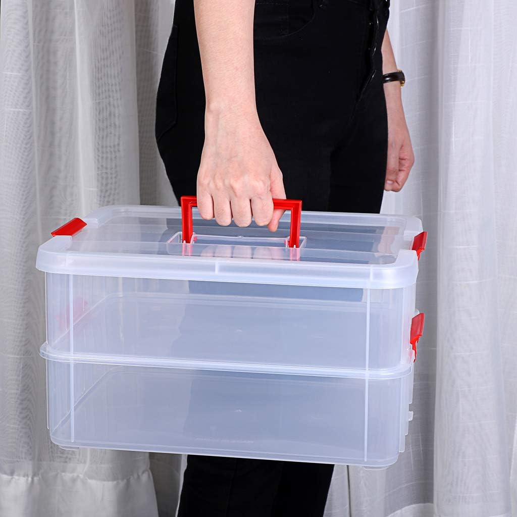 JUXYES 2-Tiers Plastic Stack Carry Storage Containers Box wih Handle Lids