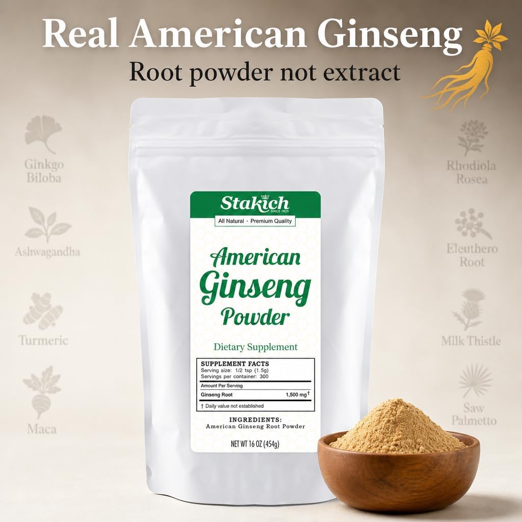 Stakich American Ginseng Root Powder - 100% Pure Root Powder - 1 lb