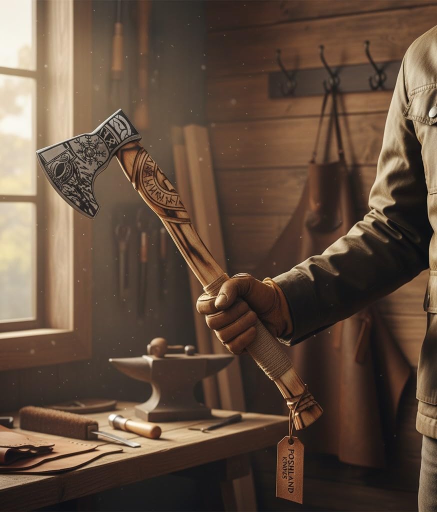 Poshland AX-7000 Custom Gift Forged Carbon Steel Viking Axe with Rose Wood Shaft, Viking Bearded Camping Axe