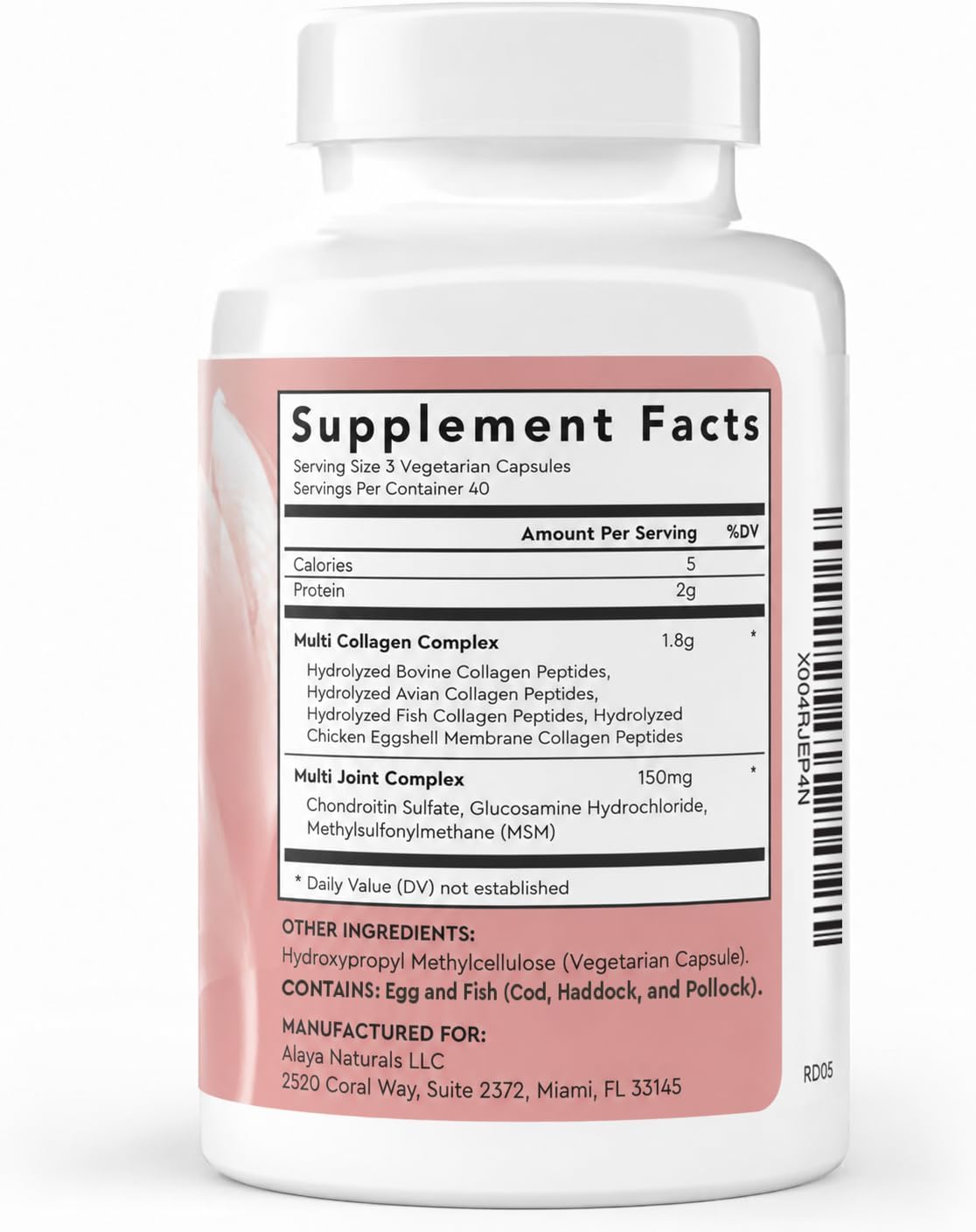 Alaya Multi Collagen Capsules, 5 Types, MSM, Grass-Fed, 120 Count